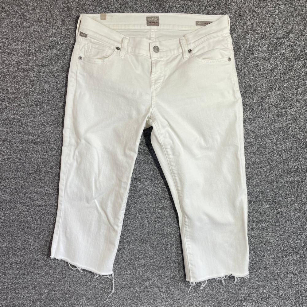 Citizens of Humanity Kelly Low Rise Bootcut White Jeans 26 Frayed Hem Capri